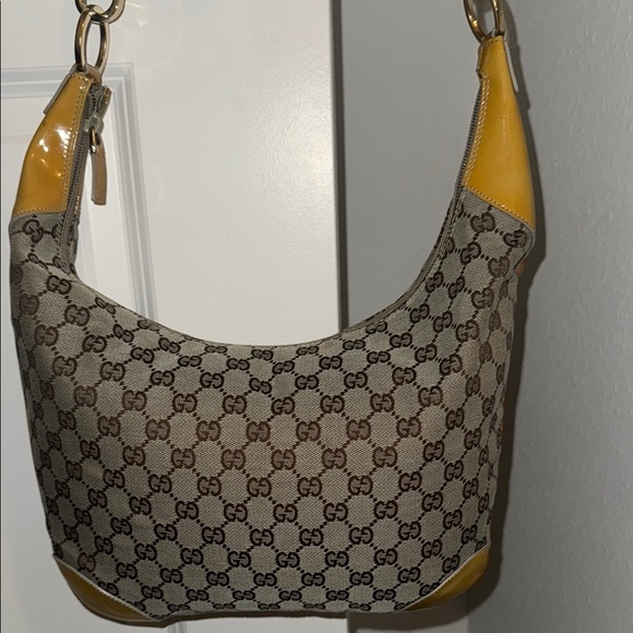 Vintage Gucci Brown and Yellow Shoulder Bag with GG Monogram - Picture 1 of 3